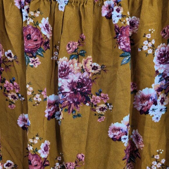 Vintage Rewind Peasant Blouse L Mustard Floral Off Shoulder Crop Button Tie Puff - Picture 5 of 14